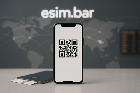 Centered smartphone with eSIM QR code on desk, world map backdrop - instant activation for travel