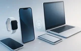 eSIM-compatible devices - smartphone, smartwatch, tablet and laptop on a clean gradient background