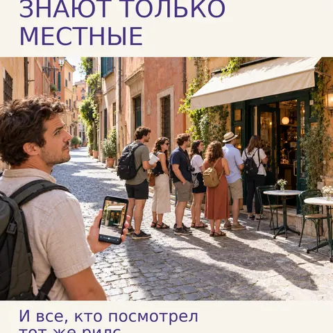 Путешественник с телефоном и небольшая очередь у кафе. Надпись: «Кафе, о котором знают только местные. И все, кто посмотрел тот же рилс».